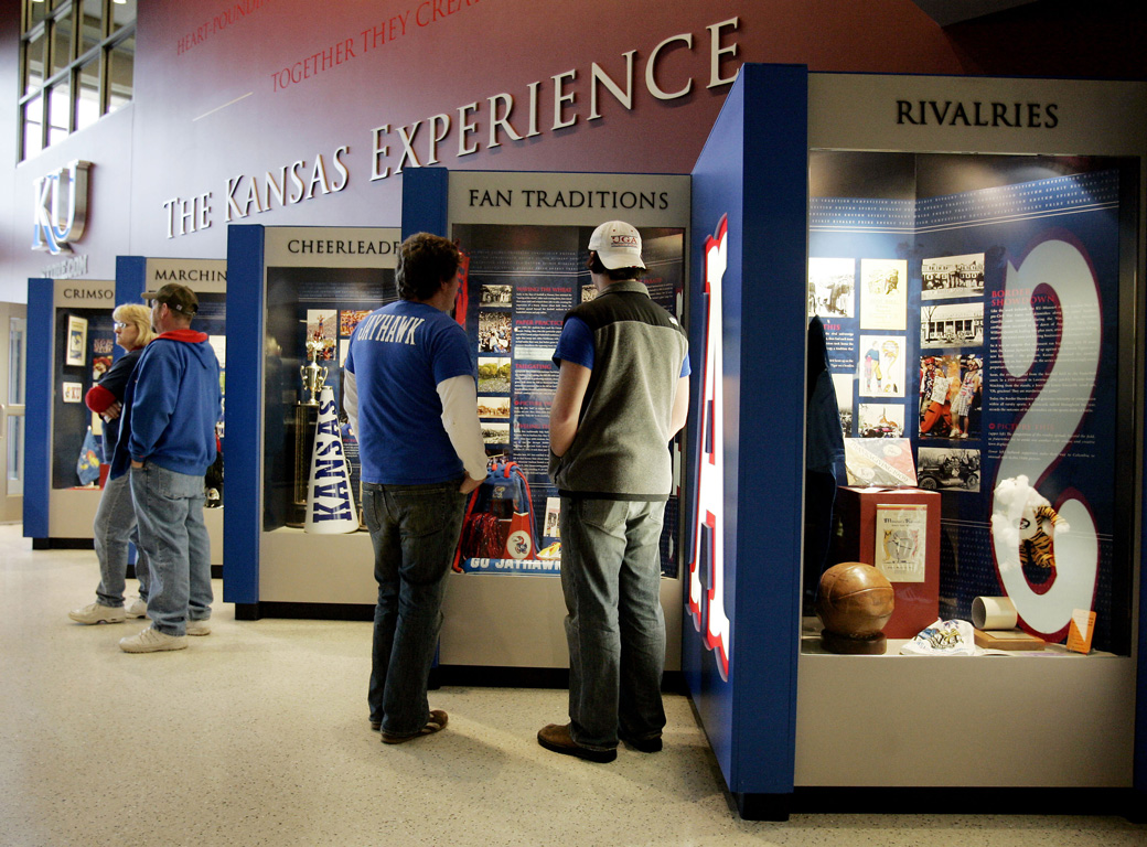 Wall of display cases at the Booth Family Basketball Experience