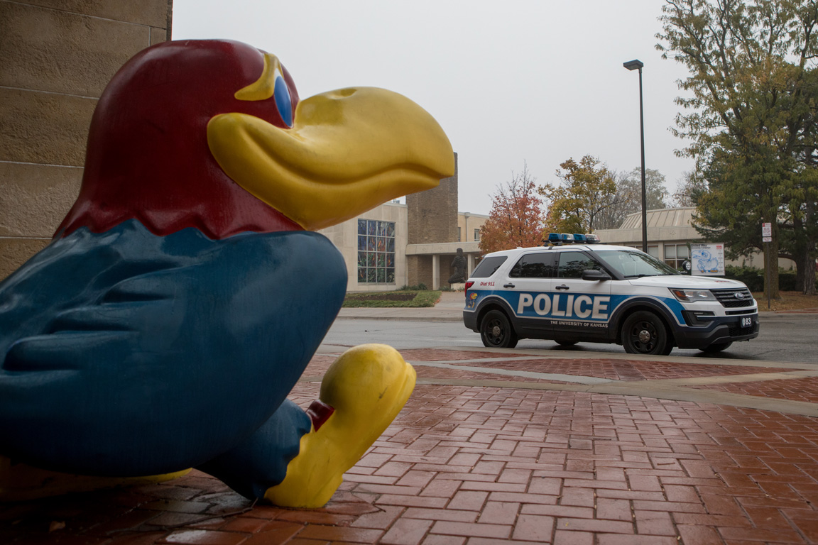 Campus police car outside the Kansas Union